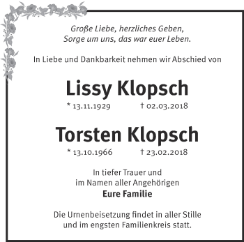 Traueranzeige von Lissy  Klopsch von Märkische Oderzeitung