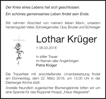 Traueranzeige von Lothar Krüger von Märkische Oderzeitung