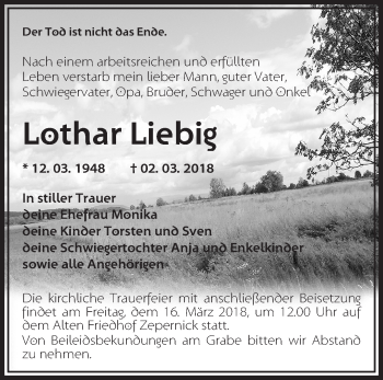 Traueranzeige von Lothar Liebig von Märkische Oderzeitung