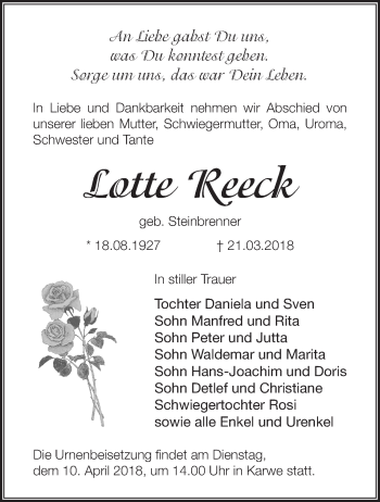 Traueranzeige von Lotte Reeck von Märkische Oderzeitung