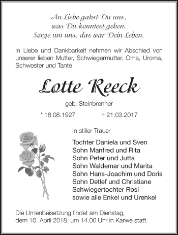 Traueranzeige von Lotte Reeck von Märkische Oderzeitung