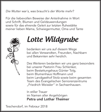 Traueranzeige von Lotte Wildgrube von Märkische Oderzeitung