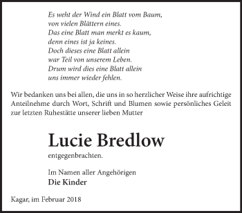 Traueranzeige von Lucie Bredlow von Märkische Oderzeitung