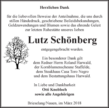 Traueranzeige von Lutz Schönberg von Märkische Oderzeitung