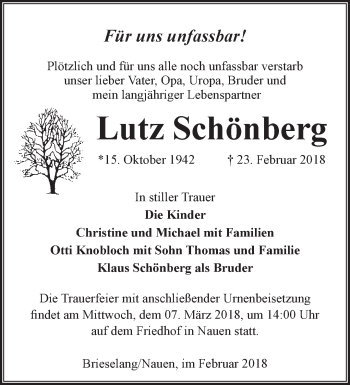 Traueranzeige von Lutz Schönberg von Märkische Oderzeitung