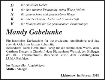 Traueranzeige von Mandy Gabelunke von Märkische Oderzeitung