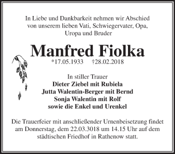 Traueranzeige von Manfred Fiolka von Märkische Oderzeitung