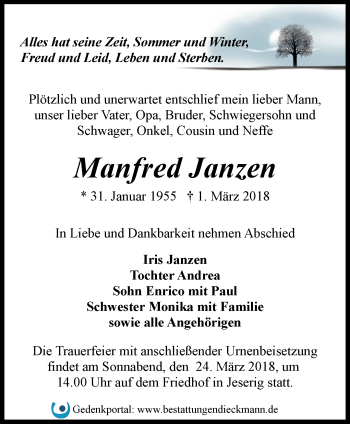 Traueranzeige von Manfred Janzen von Märkische Oderzeitung