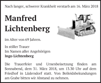 Traueranzeige von Manfred Lichtenberg von Märkische Oderzeitung