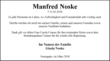 Traueranzeige von Manfred Noske von Märkische Oderzeitung