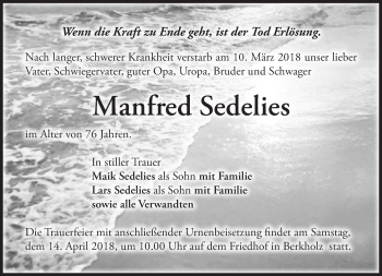 Traueranzeige von Manfred Sedelies von Märkische Oderzeitung