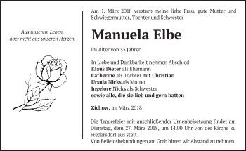 Traueranzeige von Manuela Elbe von Märkische Oderzeitung