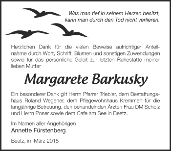 Traueranzeige von Margarete Barkusky von Märkische Oderzeitung