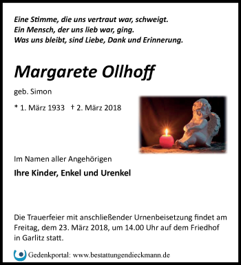 Traueranzeige von Margarete Ollhoff von Märkische Oderzeitung