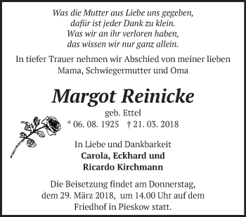 Traueranzeige von Margot Reinicke von Märkische Oderzeitung