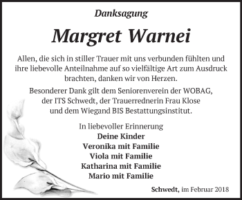 Traueranzeige von Margret Warnei von Märkische Oderzeitung