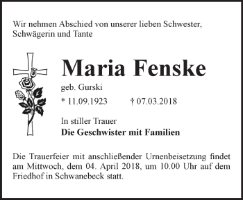 Traueranzeige von Maria Fenske von Märkische Oderzeitung