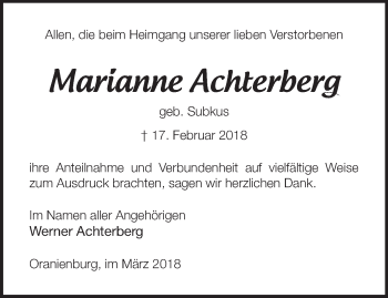 Traueranzeige von Marianne Achterberg von Märkische Oderzeitung