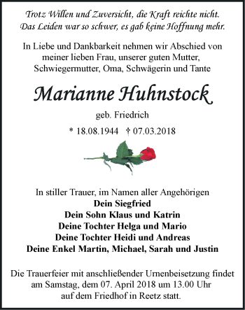 Traueranzeige von Marianne Huhnstock von Märkische Oderzeitung