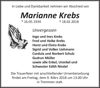 Traueranzeige von Marianne Krebs von Märkische Oderzeitung