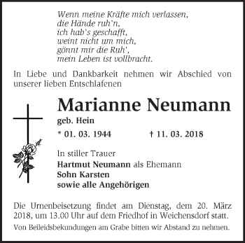 Traueranzeige von Marianne Neumann von Märkische Oderzeitung