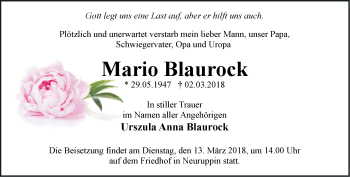 Traueranzeige von Mario Blaurock von Märkische Oderzeitung