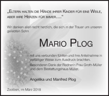 Traueranzeige von Mario Plog von Märkische Oderzeitung