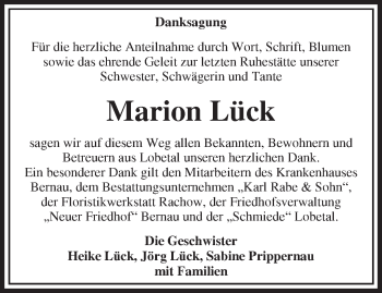 Traueranzeige von Marion Lück von Märkische Oderzeitung