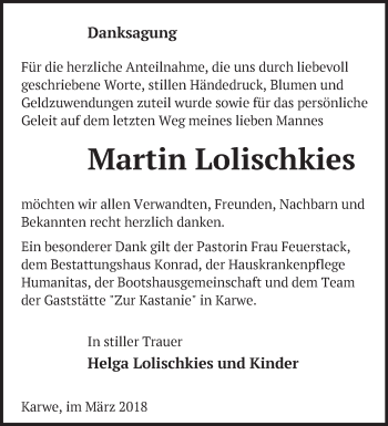 Traueranzeige von Martin Lolischkies von Märkische Oderzeitung