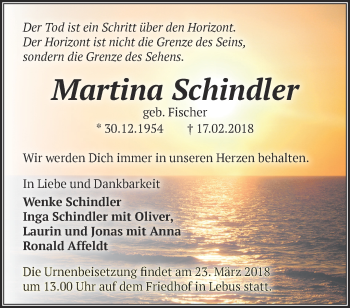 Traueranzeige von Martina Schindler von Märkische Oderzeitung