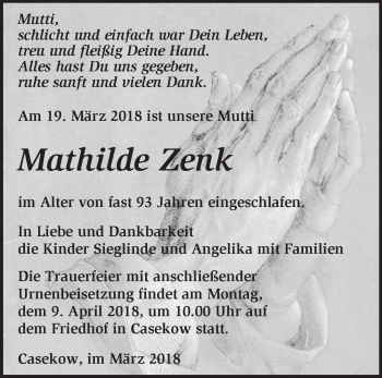 Traueranzeige von Mathilde Zenk von Märkische Oderzeitung