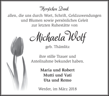 Traueranzeige von Michaela Wolf von Märkische Oderzeitung