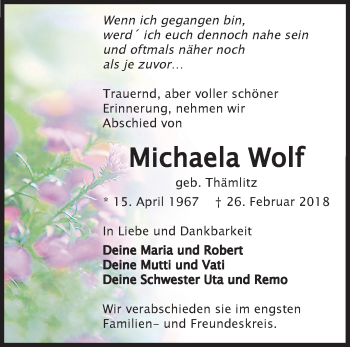 Traueranzeige von Michaela Wolf von Märkische Oderzeitung