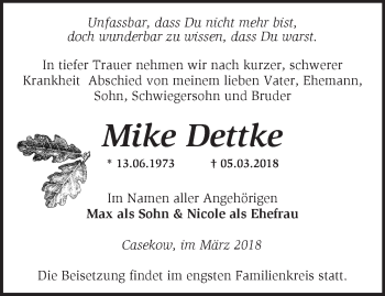 Traueranzeige von Mike Dettke von Märkische Oderzeitung