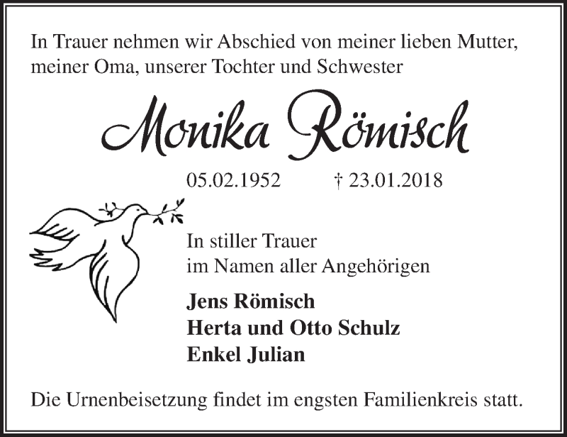  Traueranzeige für Monika Römisch vom 04.03.2018 aus Märkische Oderzeitung