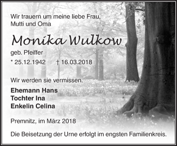 Traueranzeige von Monika Wulkow von Märkische Oderzeitung