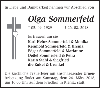 Traueranzeige von Olga Sommerfeld von Märkische Oderzeitung