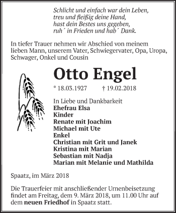 Traueranzeige von Otto Engel von Märkische Oderzeitung