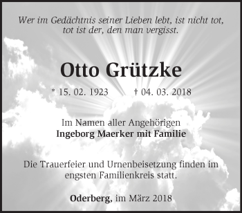 Traueranzeige von Otto Grützke von Märkische Oderzeitung