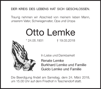 Traueranzeige von Otto Lemke von Märkische Oderzeitung