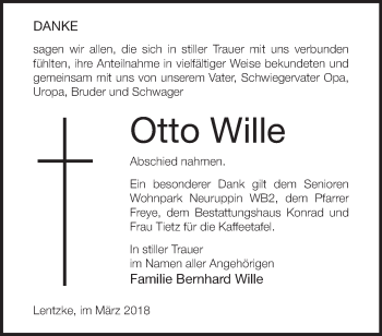 Traueranzeige von Otto Wille von Märkische Oderzeitung