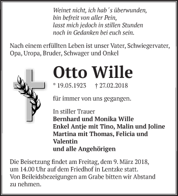 Traueranzeige von Otto Wille von Märkische Oderzeitung