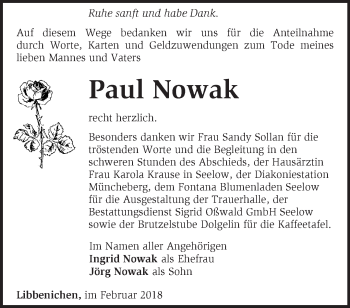 Traueranzeige von Paul Nowak von Märkische Oderzeitung