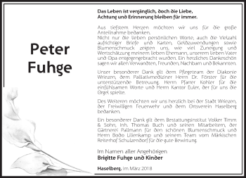 Traueranzeige von Peter Fuhge von Märkische Oderzeitung