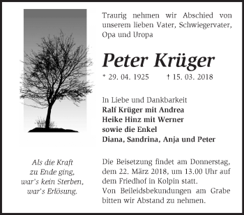 Traueranzeige von Peter Krüger von Märkische Oderzeitung