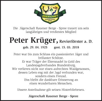 Traueranzeige von Peter Krüger von Märkische Oderzeitung