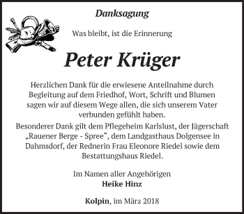 Traueranzeige von Peter Krüger von Märkische Oderzeitung