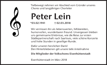 Traueranzeige von Peter Lein von Märkische Oderzeitung