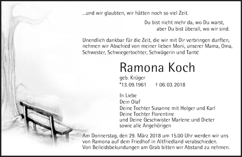  Traueranzeige für Ramona Koch vom 21.03.2018 aus Märkische Oderzeitung