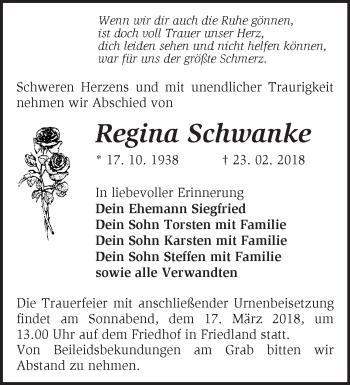 Traueranzeige von Regina Schwanke von Märkische Oderzeitung